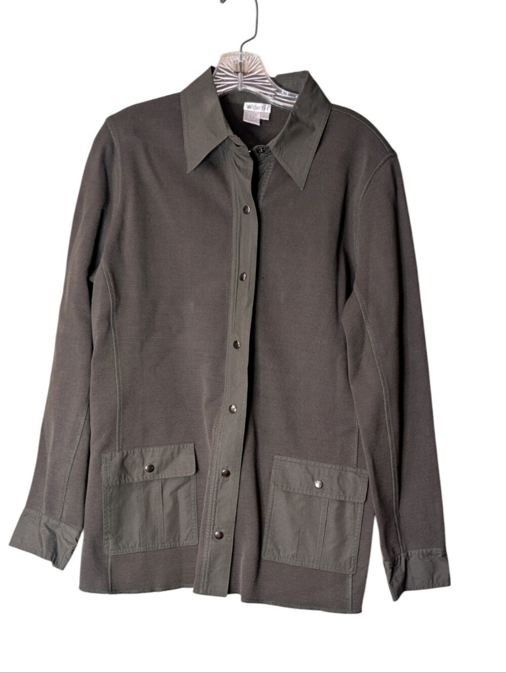 Worth Mixed Media Knit Utility Shacket olive green Jacket snap closure cargo L